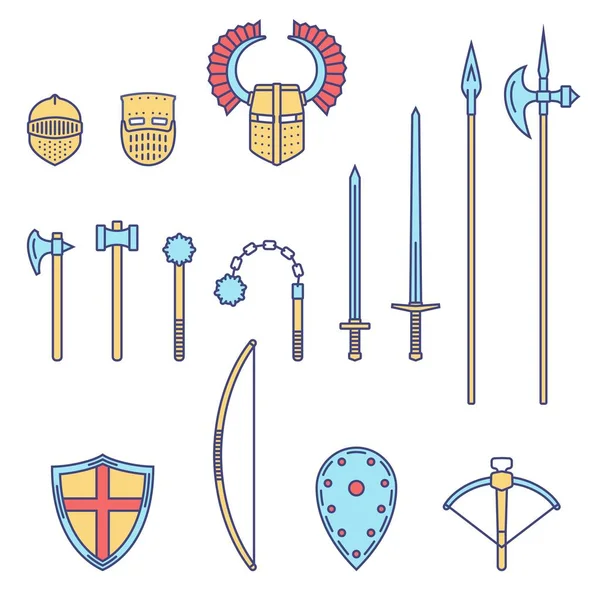 Armas y armaduras medievales. Equipo guerrero medieval. Espada, martillo, hacha, macho, lanza, lucio, maza, arco, escudo de casco de ballesta . — Archivo Imágenes Vectoriales