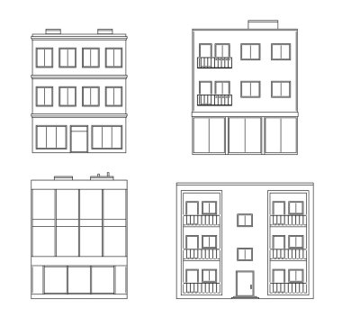 Binalar ayarlayın. Konut evler, apartman. Beyaz arka plan üzerinde izole.