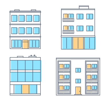 Binalar ayarlayın. Konut evler, apartman. Beyaz arka plan üzerinde izole.