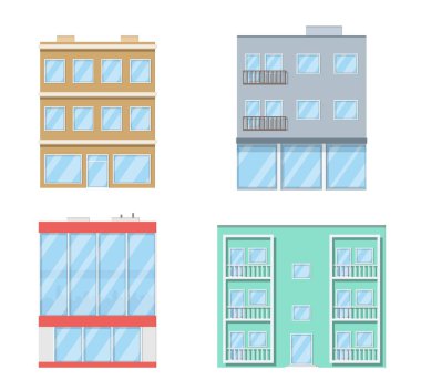 Binalar ayarlayın. Konut evler, apartman. Beyaz arka plan üzerinde izole.