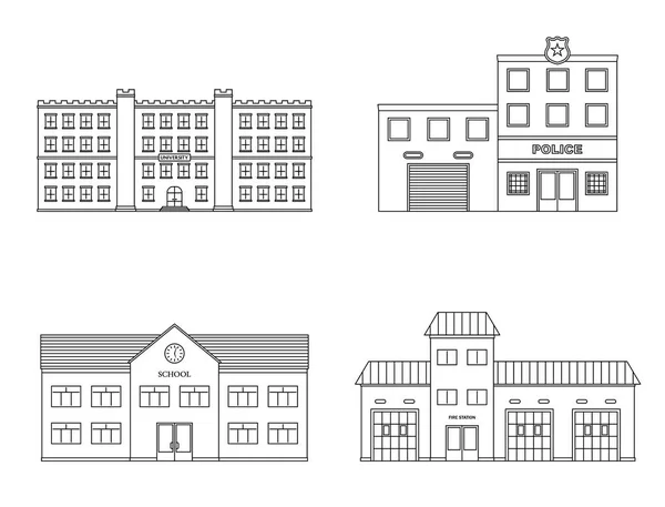 Bâtiments prêts. Université, école, police, caserne de pompiers isolée sur fond blanc . — Image vectorielle