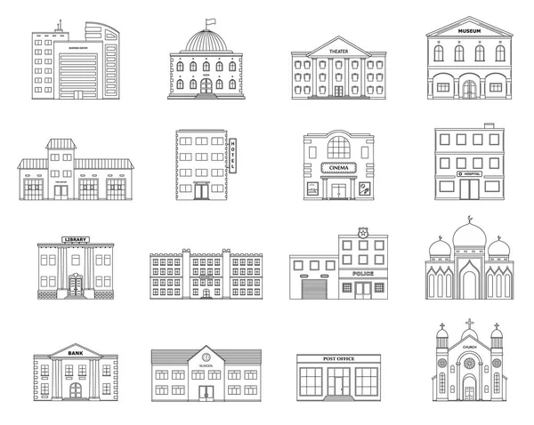 Edificios listos. Casas residenciales, tienda, centro comercial, tienda, museo, hospital, biblioteca, banco, cine, religión, policía, fuego, escuela, edificio universitario aislado sobre fondo blanco . — Vector de stock