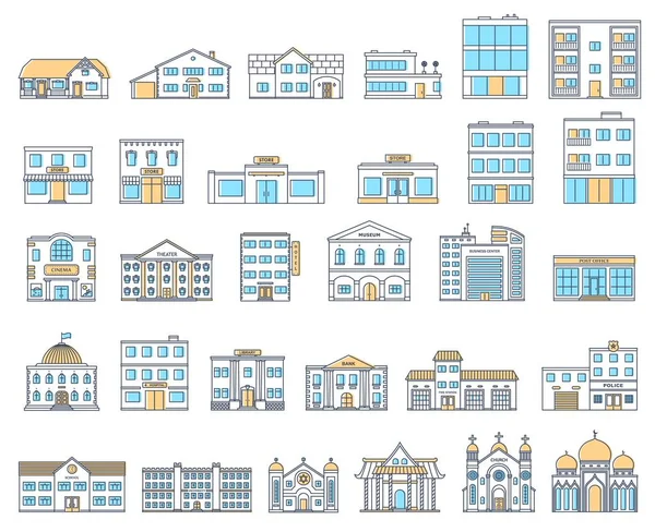 Edificios listos. Casas residenciales, tienda, centro comercial, tienda, museo, hospital, biblioteca, banco, cine, religión, policía, fuego, escuela, edificio universitario aislado sobre fondo blanco . — Vector de stock