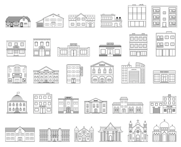 Edificios listos. Casas residenciales, tienda, centro comercial, tienda, museo, hospital, biblioteca, banco, cine, religión, policía, fuego, escuela, edificio universitario aislado sobre fondo blanco . — Vector de stock