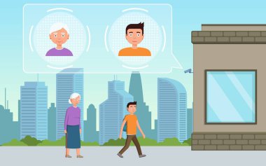 Yüz tanıma kavramı. Sokak yüz tanıma kamera tarafından tarama insanlar. Kişi kimlik donanım. Vektör çizim.