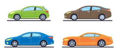 Kişisel araçları kümesi. Otomobillerde düz stil kümesi. Sedan, hatchback, spor coupe araba. Yan görünüm.