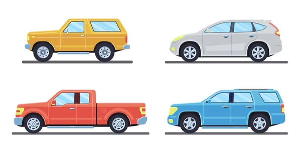 Set of personal cars. Set of automobiles in flat style. Offroad suv, pickup. Side view. — Stock Vector