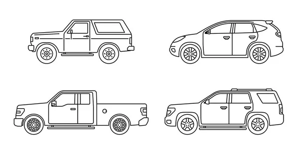 Set of personal cars. Set of automobiles in flat style. Offroad suv, pickup. Side view. — Stock Vector