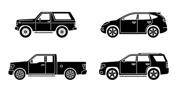 Conjunto de coches personales. Conjunto de automóviles en estilo plano. Todo terreno, camioneta. Vista lateral . — Vector de stock