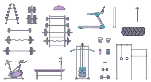 Набор тренажерного зала. Различные коллекции фитнес-аксессуаров. Оборудование для строительства и кроссфита изолировано. Плоский стиль . — стоковый вектор