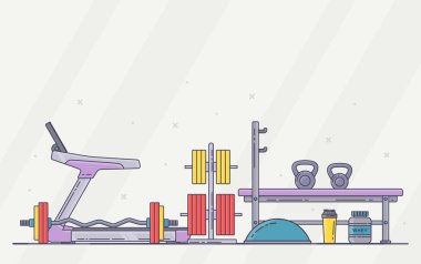 Spor salonu ekipman ayarla. Çeşitli fitness aksesuar koleksiyonu. Vücut geliştirme ve crossfit ana izole. Düz stil. 