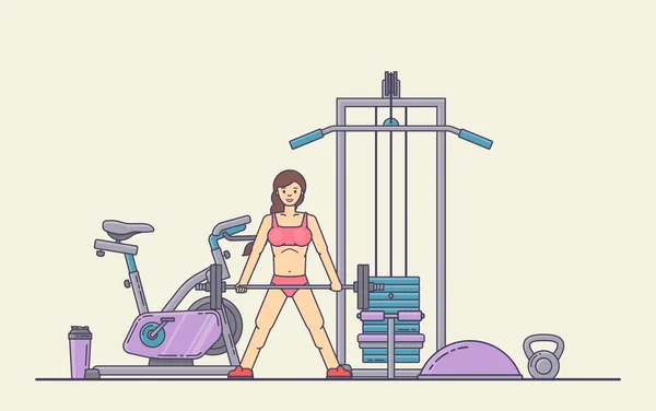 Девушка выполняет кроссфитовые упражнения в спортзале. Молодая женщина занимается спортом. Фитнес, бодибилдинг . — стоковый вектор