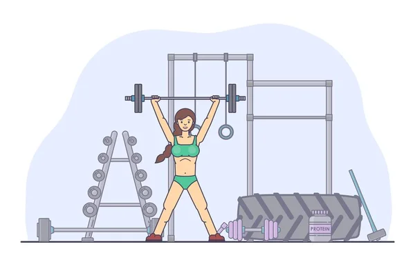 Lány teljesítő crossfit gyakorlatok az edzőteremben. Fiatal nő próbamunka csinálsz. Fitness, testépítés koncepció banner. — Stock Vector