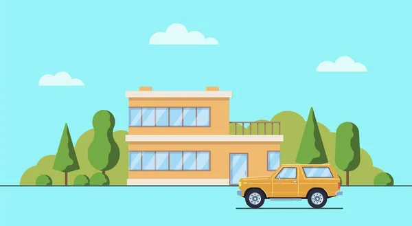 Maison de vie avec arbres et buissons. Chalet avec voiture dans le style plat . — Image vectorielle