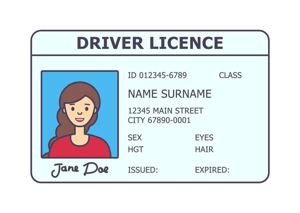 Autó járművezetői engedély azonosító. Járművezetői engedélyt műanyag kártya nő fotó. — Stock Vector
