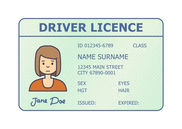 자동차 드라이버 라이센스 식별입니다. 여자 사진 운전 면허 플라스틱 카드. — 스톡 벡터