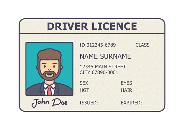 Auto řidiče licence identifikace. Plastová karta řidiče průkaz s fotkou člověka. — Stockový vektor