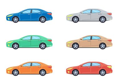 Sedan kişisel araba. Yan görünümü farklı renklerde arabalar. Düz stil.