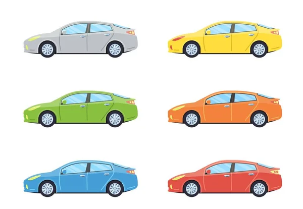 Carro pessoal do Sedan. Vista lateral carros em cores diferentes. Estilo plano . — Vetor de Stock