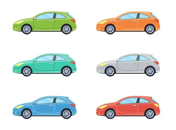 Hatchback kişisel araba. Yan görünümü farklı renklerde arabalar. Düz stil.