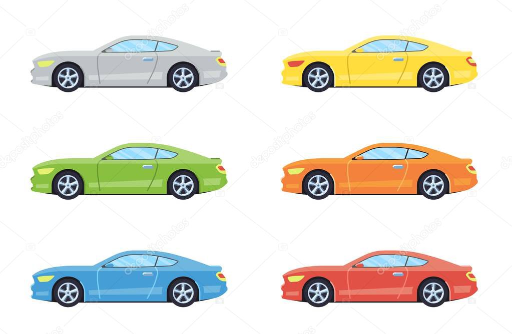 Sport coupe car. Side view cars in different colors. Flat style.