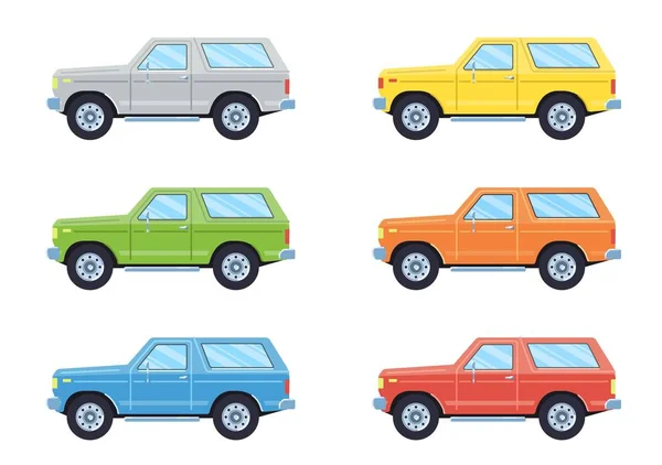 Εκτός δρόμου αυτοκίνητα suv 4 x 4. Πλευρά άποψη offroad αυτοκίνητο σε διάφορα χρώματα. Επίπεδη στυλ. — Διανυσματικό Αρχείο