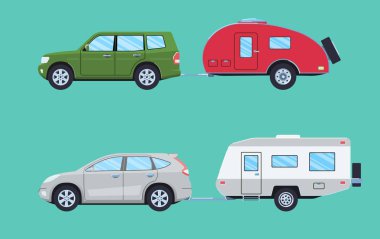 Karavan römork ile SUV. Camper ile Offroad araba. Araç yol seyahat için. Düz stil.