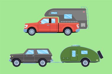 Karavan römork ile SUV. Camper ile Offroad araba. Araç yol seyahat için. Düz stil.