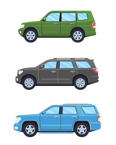 Set persoonlijke auto's. Het aantal auto's in vlakke stijl. Offroad suv. Zijaanzicht. — Stockvector