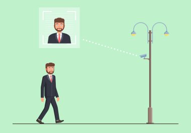 Yüz tanıma kavramı. Sokak yüz tanıma kamera tarafından tarama insanlar. Kişi kimlik donanım.