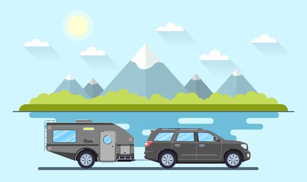 Voiture de plein air camping-car concept de voyage. Paysage hors route suv . — Image vectorielle