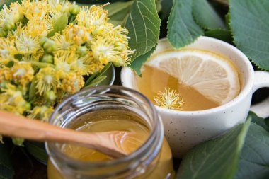 Ihlamur çiçek, bitkisel ilaçlar, bal ve limon ile sağlıklı çay. alternatif veya tamamlayıcı tıp, geleneksel tıp. yumuşak odak resim 
