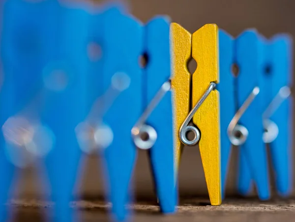 colorful clothespin against of ordinary clothespin abstract vision be different, unique personality or standing out from the crowd, leadership quality. beautiful still life background