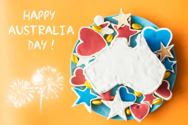 澳大利亚形状的香草奶油蛋糕 快乐澳大利亚节致辞贺卡 — 图库照片