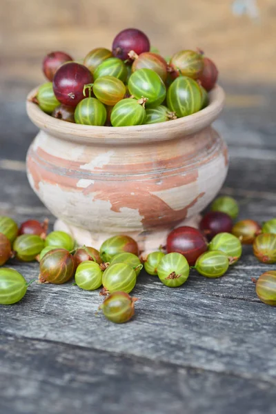Wooden Table Top Beautiful Plate Gooseberry Berries — Stock Photo, Image