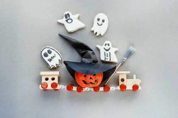 Gyerekek Vonat Halloween Cookie Halloween Jack Lámpás Tök Cukorka Halloween — Stock Fotó