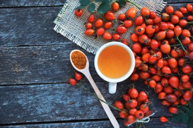 Köpek gülü, bir demet Rosehips, Rosa canina kalçası ve bitkisel çay - şifalı bitkiler bileşimi