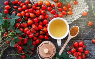 Köpek gülü, bir demet Rosehips, Rosa canina kalçası ve bitkisel çay - şifalı bitkiler bileşimi