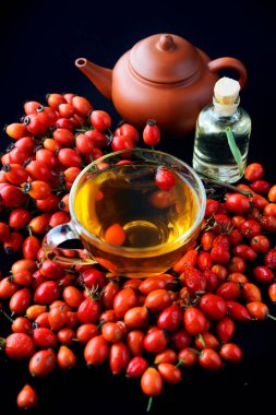 Köpek gülü, bir demet Rosehips, Rosa canina kalçası ve bitkisel çay - şifalı bitkiler bileşimi