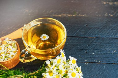Bir fincan bitkisel papatya çayı ve papatya çiçeği doktor tedavisi ve bağışıklık konsepti, ilaç - halk, alternatif, tamamlayıcı, geleneksel tıp