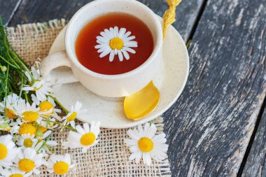 Beyaz arka plan doktoru tedavisi ve bağışıklık konsepti, ilaç - halk, alternatif, tamamlayıcı, geleneksel tıp üzerine bir fincan papatya çayı ve papatya çiçeği.