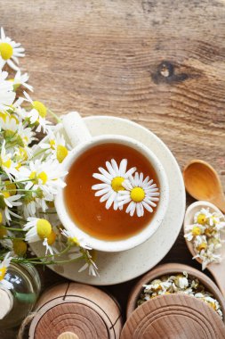 Beyaz arka plan doktoru tedavisi ve bağışıklık konsepti, ilaç - halk, alternatif, tamamlayıcı, geleneksel tıp üzerine bir fincan papatya çayı ve papatya çiçeği.