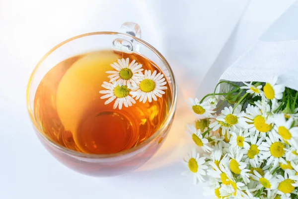 cup of herbal chamomile tea and daisy flowers doctor treatment and prevention of immune concept, medicine - folk, alternative, complementary, traditional medicine