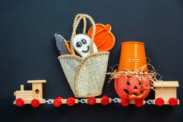 Gyerekek Vonat Halloween Cookie Halloween Jack Lámpás Tök Cukorka Halloween — Stock Fotó