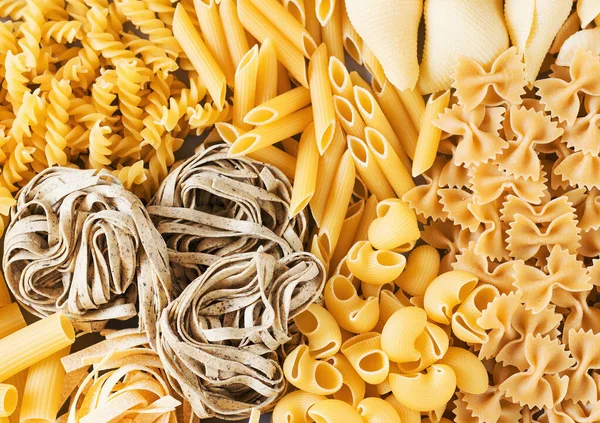 Tipos Variedad Formas Pasta Italiana Cruda Fondo Tradicional Comida Italiana — Foto de Stock