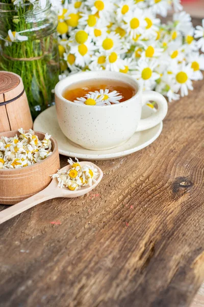 Beyaz arka plan doktoru tedavisi ve bağışıklık konsepti, ilaç - halk, alternatif, tamamlayıcı, geleneksel tıp üzerine bir fincan papatya çayı ve papatya çiçeği.