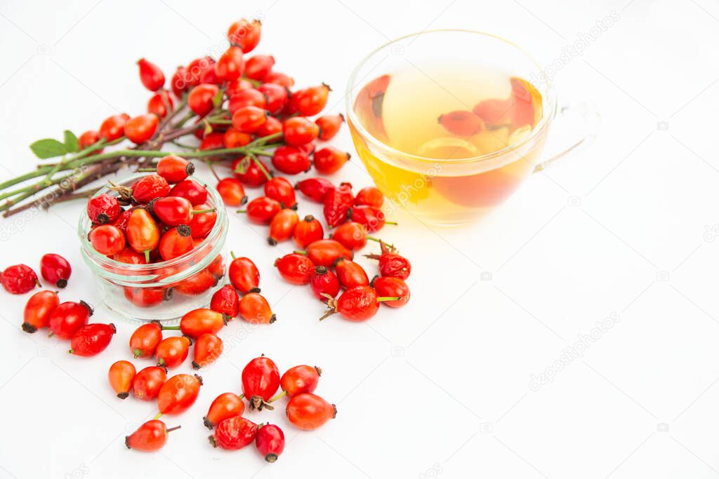 Dog rose, bunch branch Rosehips, types Rosa canina hips and herbal tea - Medicinal plants herbs composition
