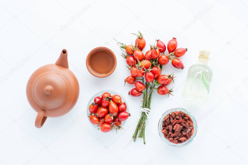 rose hips,chamomile,dog-rose oil sea buckthorn and goji berries. viburnum branch Medicinal plants and herbs composition