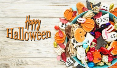 Cadılar Bayramı Jack o Fener şeker kasesi içinde şeker ve cadılar bayramı kurabiyeleri Hediye kartı