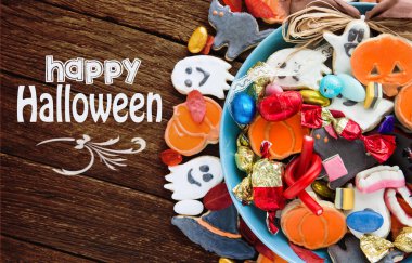 Cadılar Bayramı Jack o Fener şeker kasesi içinde şeker ve cadılar bayramı kurabiyeleri Hediye kartı